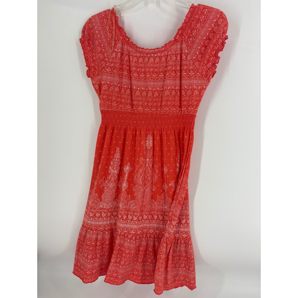 Almost Famous Orange Paisley Smocked Empire Waist Ruffle Tiered Dress M - Picture 2 of 6